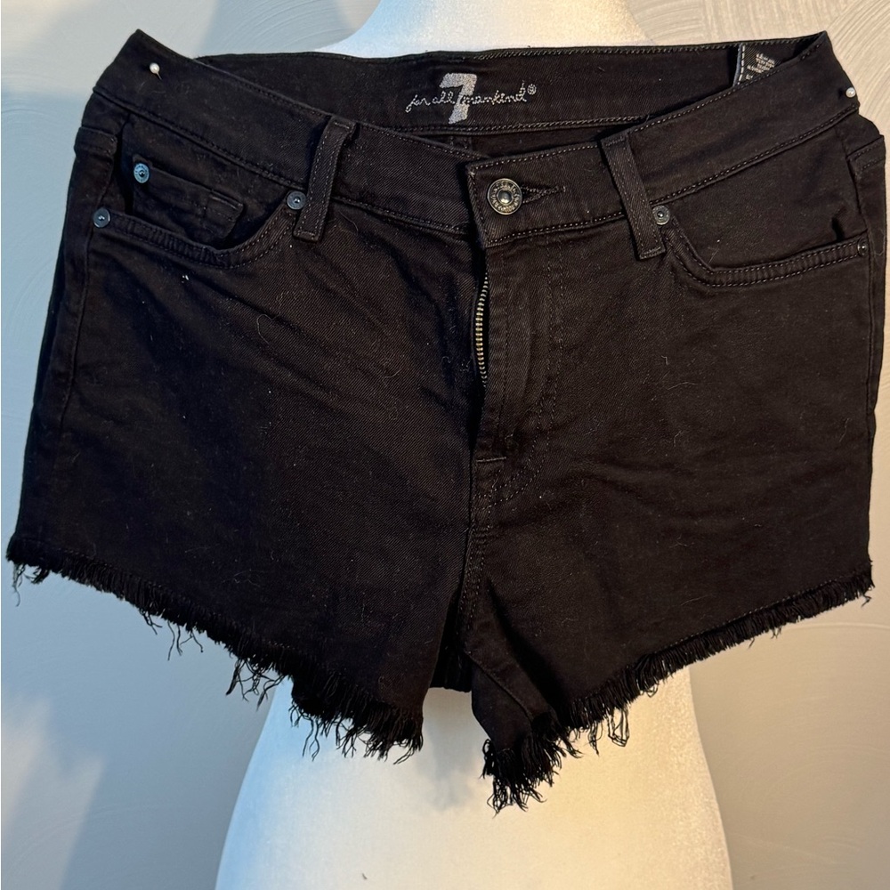 7 For All Mankind Black Frayed Hem Denim Shorts